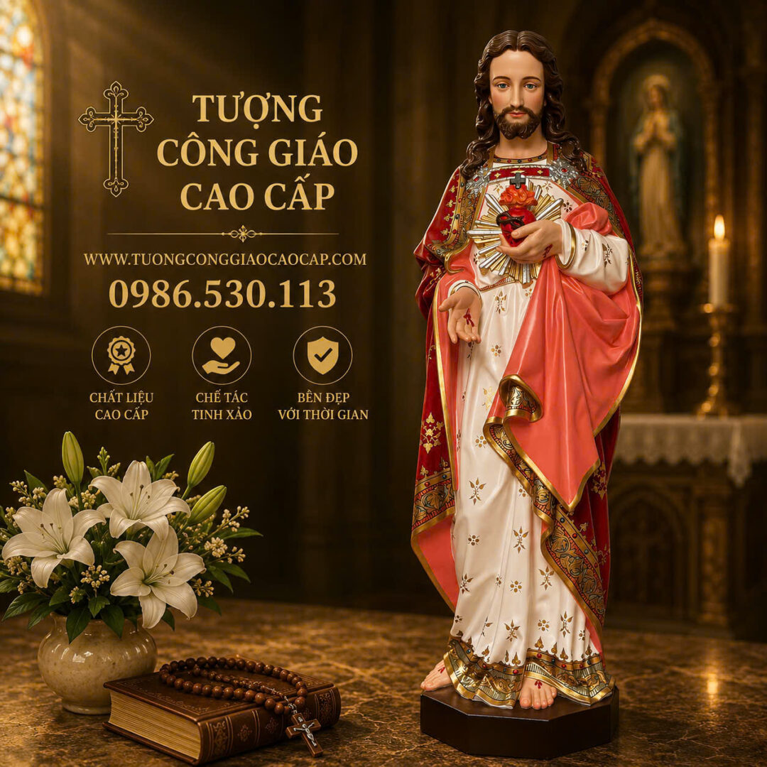 Tượng Thánh Tâm Chúa Giêsu kích thước cao 115cm sơn cổ điển hoa văn mẫu Pháp