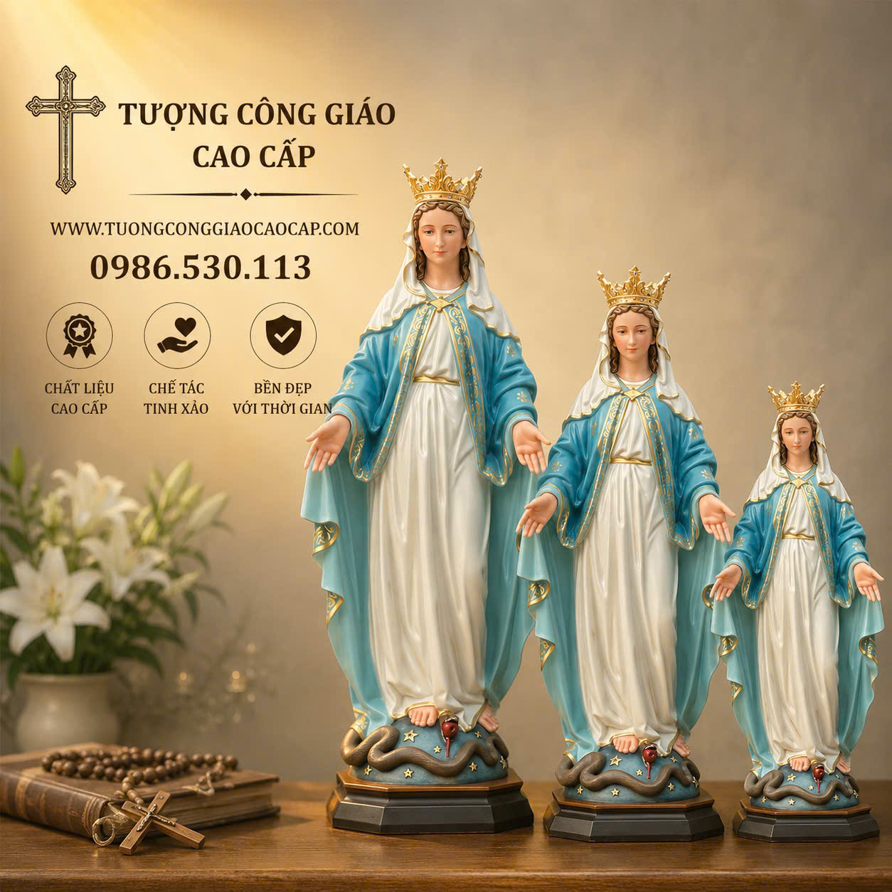 Tượng ĐỨC MẸ BAN ƠN CÓ TRIỀU THIÊN VƯƠNG MIỆNG ( ĐƯC MẸ MỀ ĐAY HUYỀN NHIỆM ) cổ điển cao cấp