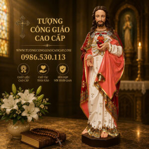 Tượng Thánh Tâm Chúa Giêsu kích thước cao 115cm sơn cổ điển hoa văn mẫu Pháp